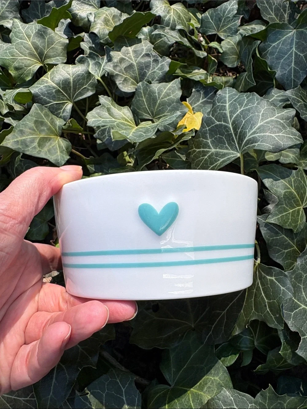 White Ceramic Dog Bowl with Teal Paw Accent